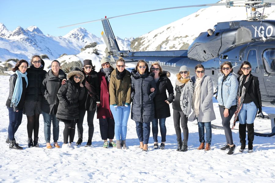 Influencer group on a snowy mountain trip